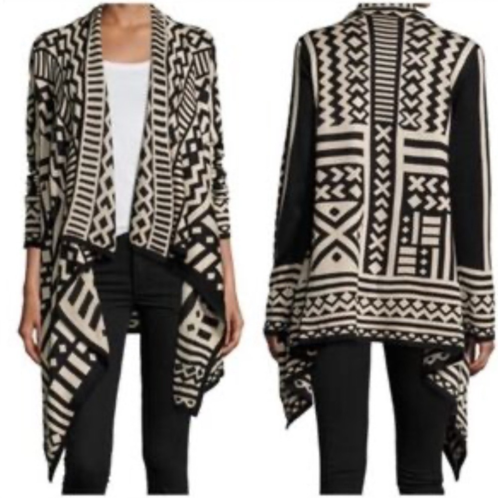 Larry Levine Black Cream Geometric Tribal Open Front Waterfall Cardigan Medium